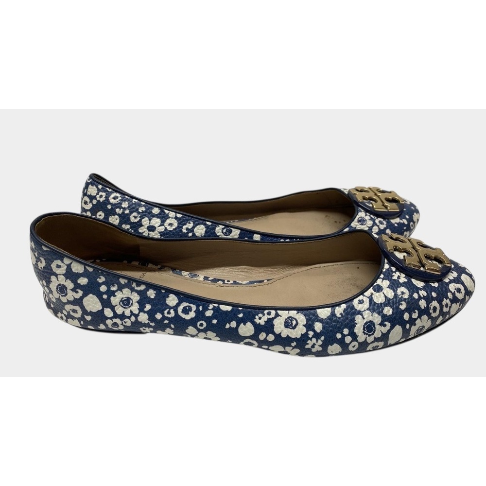 Tory Burch Reva Ballet Flats Womens 8 Navy White Floral Leather Gold Logo Good - Picture 6 of 15